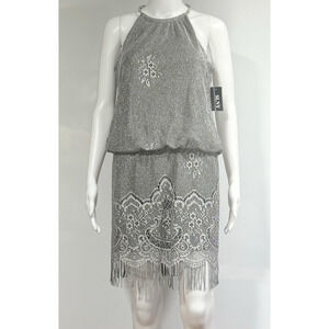 S.L. FASHIONS Women's Blouson Halter Crochet Dress Flapper Fringe Sz 6P Silver